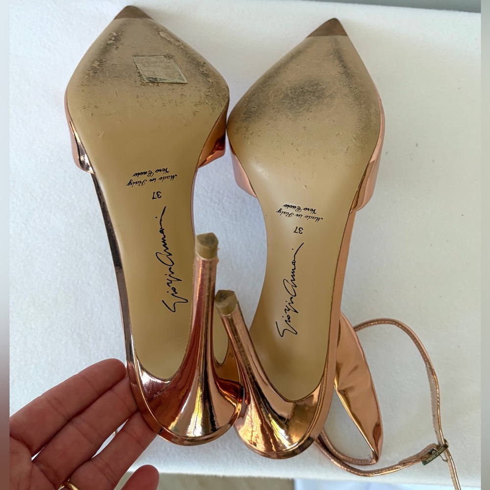 Giorgio Armani Metallic Rose Gold Stiletto Heels, ankle strap, worn once, 37 - Picture 9 of 16